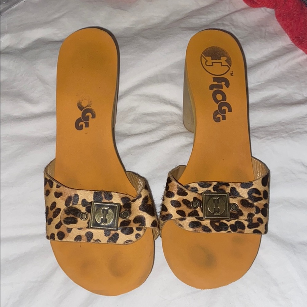 Flogg leopard pony hair wooden heel sandal